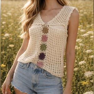 Boho chic Cream Crochet Sleeveless Top with Floral Accents